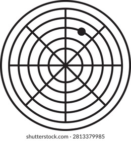 A minimalist radar display graphic featuring concentric circles and crosshairs with a detected object blip, suitable for navigation, tracking, surveillance, or military technology interface design and digital projects.
