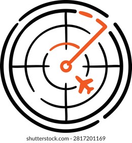 Minimalist radar screen blip icon with sweep line crosshairs and airplane target in black and orange hand-drawn line art on a white background