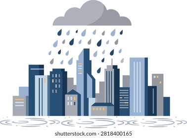 Minimalist rainy cityscape vector featuring modern skyscrapers beneath a soft gray cloud, falling raindrops, and reflective puddles. Elegant blue tones create a clean urban weather concept for stock design.