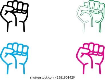 Minimalist raised fist icons, solidarity symbol, graphic design, simple line art, black white and colorful versions, political activism imagery, flat vector style, clean geometric shapes, strong visua