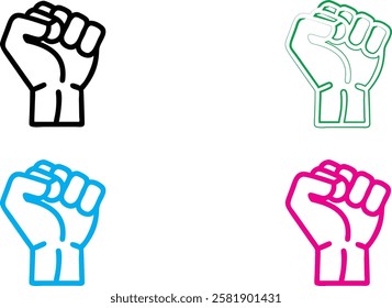 Minimalist raised fist icons, solidarity symbol, graphic design, simple line art, black white and colorful versions, political activism imagery, flat vector style, clean geometric shapes, strong visua