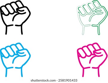 Minimalist raised fist icons, solidarity symbol, graphic design, simple line art, black white and colorful versions, political activism imagery, flat vector style, clean geometric shapes, strong visua