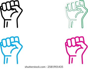 Minimalist raised fist icons, solidarity symbol, graphic design, simple line art, black white and colorful versions, political activism imagery, flat vector style, clean geometric shapes, strong visua