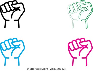 Minimalist raised fist icons, solidarity symbol, graphic design, simple line art, black white and colorful versions, political activism imagery, flat vector style, clean geometric shapes, strong visua