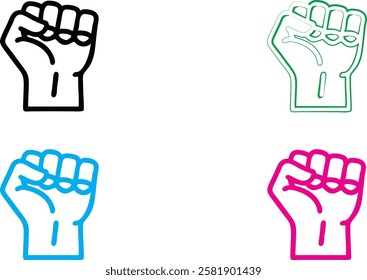 Minimalist raised fist icons, solidarity symbol, graphic design, simple line art, black white and colorful versions, political activism imagery, flat vector style, clean geometric shapes, strong visua