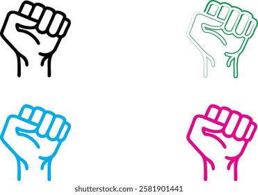 Minimalist raised fist icons, solidarity symbol, graphic design, simple line art, black white and colorful versions, political activism imagery, flat vector style, clean geometric shapes, strong visua