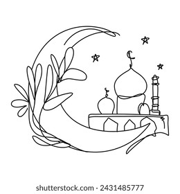 Minimalist Ramadan Crescent Moon Flat Illustration Doodle Art