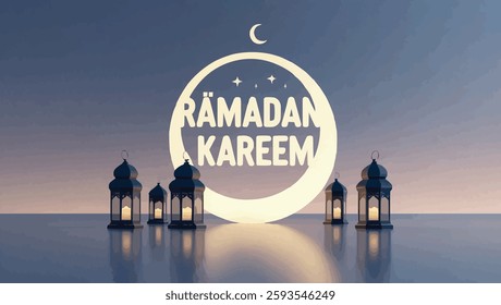 Minimalist Ramadan Kareem Design with Crescent Moon and Lantern Silhouette