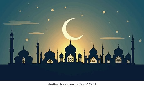 Minimalist Ramadan Kareem Design with Crescent Moon and Lantern Silhouette