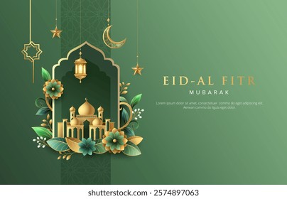 Minimalist Ramadan Kareem greeting design template with flowers and gold islamic lanterns, star and moon. Suitable for raya and ramadan template design concept.