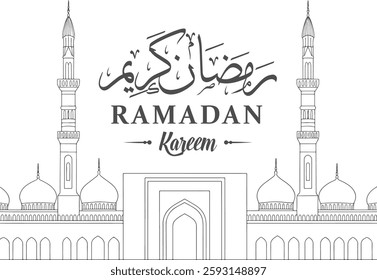 Minimalist Ramadan Kareem mosque line art with elegant Arabic calligraphy and traditional Islamic architecture for festive greeting and spiritual celebration