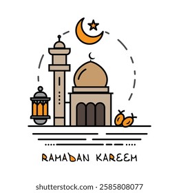 Minimalist Ramadan Mosque Line Art, Simple Islamic Colored Vector Illustration, Eid, Iftar, and Mosque Decor, Crescent Moon and Lantern Design for DIY and Digital Art