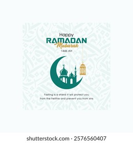 Minimalist Ramadan Mubarak banner celebrating the holy month of fasting for Muslims, featuring a crescent, mosque, and lantern, symbolizing peace, spirituality, and devotion.