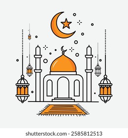 Minimalist Ramadan Scene Line Art Vector Illustration with Mosque Crescent Moon Lanterns and Prayer Mat Islamic Spiritual Design for Eid Iftar Worship and Digital Art Projects