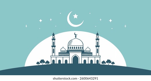 Minimalist Ramadan Vector Illustration with Mosque Silhouette, Crescent Moon, and Stars – Islamic Theme for Eid and Holy Month Celebrations