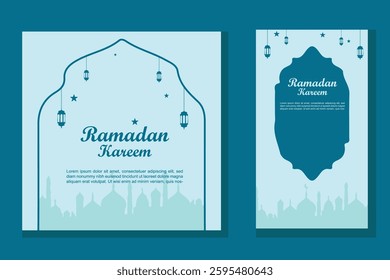 Minimalist Ramadan vector with Islamic mosque window, lantern flat, and mosque silhouette in soft blue color. Great for social media, greeting cards, and Ramadan templates.