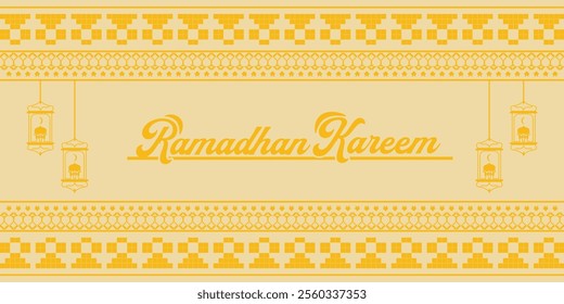 Minimalist Ramadhan Kareem background design featuring yellow decorative lanterns and intricate traditional patterns.Perfect for Islamic holiday greetings, Ramadhan promotions, banners, and festive.