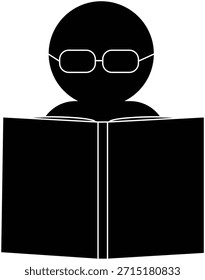Icono de libro de lectura minimalista Vector que ilustra a una persona con gafas leyendo un libro abierto.