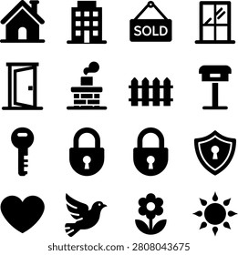 Minimalist real estate and home security icons featuring houses keys locks and sold signs perfect for websites apps