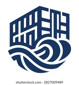 Minimalist real estate icon building merging with ocean waves architecture building construction