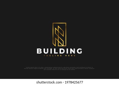 Minimalist Real Estate Logo in Gold Gradient with Line Style. Construction, Architecture or Building Logo Design Template