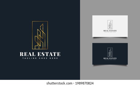 Minimalist Real Estate Logo In Gold Gradient With Line Style. Construction, Architecture, Building, Or House Logo