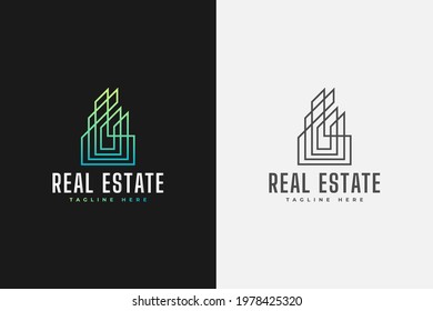Minimalist Real Estate Logo in Green Gradient with Line Style. Construction, Architecture or Building Logo Design Template