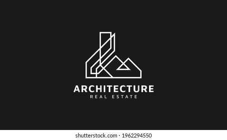 Logotipo inmobiliario minimalista en concepto lineal. Plantilla de diseño de logotipos de construcción, arquitectura o construcción