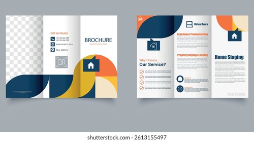 Minimalist Real Estate Property Brochure Layout. Professional and clean trifold brochure template for real estate agencies, property listings, or home sales marketing.