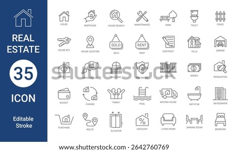 Minimalist Real Estate thin line web icon set Editable Stroke.