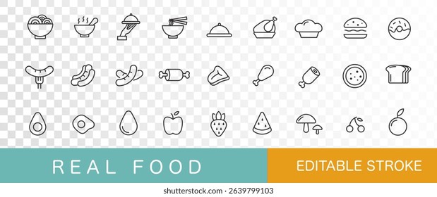 Minimalist - Real food icons set. Thin line. Simple design.meat, sausage, fruit, vegetables. Editable stroke. Vector illustration.