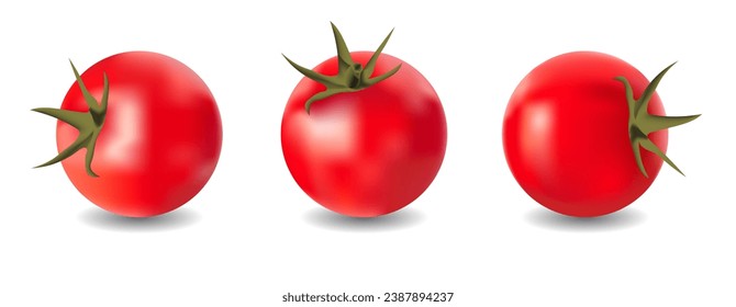 Minimalist realistic composition of three cherry tomatoes on the white background for product packaging.