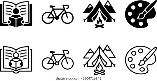 minimalist recreation icons set featuring book, bicycle, campfire, and artist palette