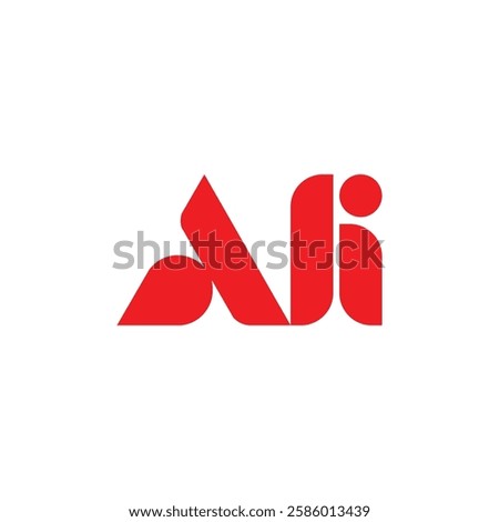 Minimalist red Ali logo on a white background, Bold typography with abstract elements forming 'Ali', Modern, geometric Ali brand logo design.