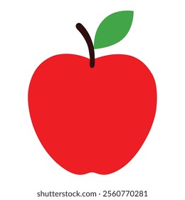 Minimalist Red Apple Icon with Green Leaf and Brown Stem