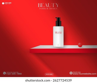Minimalist red color abstract empty social media product sale podium background design. 3D realistic red color cosmetics product mockup design template with shadow overlay effect. Red studio art. 