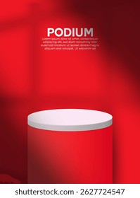 Minimalist red color abstract empty social media product sale podium background design. 3D realistic red color cosmetics product mockup design template with shadow overlay effect. Red studio art. 