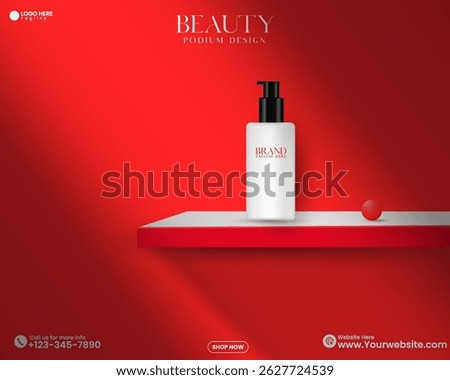 Minimalist red color abstract empty social media product sale podium background design. 3D realistic red color cosmetics product mockup design template with shadow overlay effect. Red studio art. 