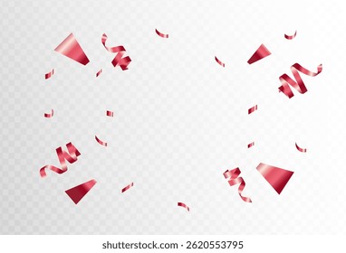 Minimalist red confetti and ribbon streamers falling on a transparent background. blurred. Big and small,abstract frame,Vector. eps 10