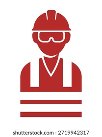 Icono de silueta de trabajador de construcción rojo minimalista con casco, gafas de seguridad y chaleco de alta visibilidad para gráficos de seguridad de Industrial - Vector de Profesional Imagen de stock