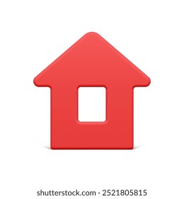 Minimalist red countryside house with window and triangle roof front view Christmas bauble 3d template vector illustration. Premium realistic Xmas toy slim village home symbol of family mockup