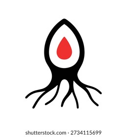 Minimalist red drop within seedling root icon representing life growth and nature.