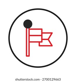 Um ícone minimalista de bandeira vermelha dentro de um círculo preto, representando sucesso e conquista. É um design simples, mas moderno, adequado para interfaces de aplicativos, sites e elementos gráficos. O ícone transmite