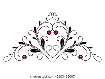 Minimalist red flowers and black leaves. Elegant vector design element of swirls and curved lines. Classic plant triangle ornamental pattern for decor home, textile, design project