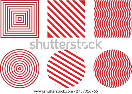 Minimalist red geometric pattern set, 6 abstract line art icons in square and circle shapes, modern optical illusion textures for graphic design isolated on Transparent Background