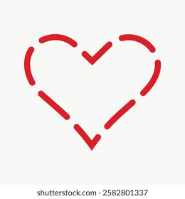 Minimalist red heart design with dashed lines. Simple  shape, red heart illustration, dashed pattern, minimalist art. Valentine's Day illustration vector.