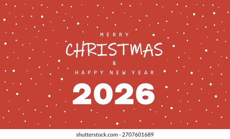 Diseño de Vector de vacaciones rojo minimalista con copos de nieve blancos, texto limpio "Feliz Navidad" y "Feliz Año Nuevo", y letras audaces "2026", ideales para tarjetas de felicitación y marketing festivo moderno.
