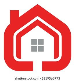 A minimalist red house icon featuring a chimney and window. A clean graphic symbol representing home, real estate, shelter, and domestic living.