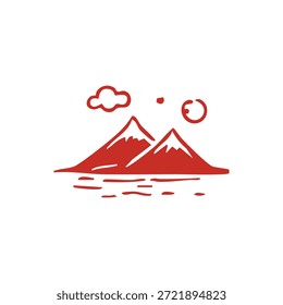 Ein minimalistisches rotes Symbol zeigt zwei verschneite Berge mit einem Gewässer, einer Wolke und einer Sonne auf weißem Hintergrund.