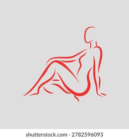 Minimalist red line art drawing of a seated female figure on a gray background